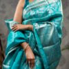 Kanchivaram Pure Brocade Silk Saree - Blue Copper Sulphate with Silver zari - Image 3