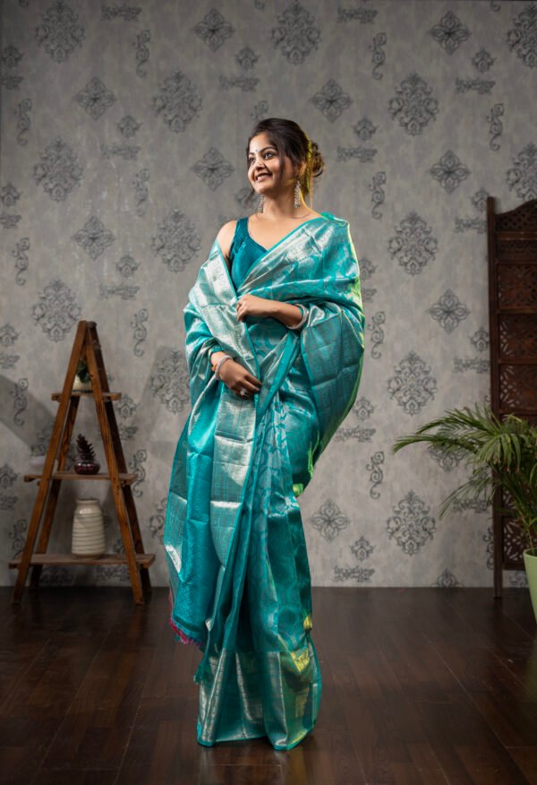 Kanchivaram Pure Brocade Silk Saree - Blue Copper Sulphate with Silver zari