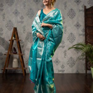 Kanchivaram Pure Brocade Silk Saree - Blue Copper Sulphate with Silver zari