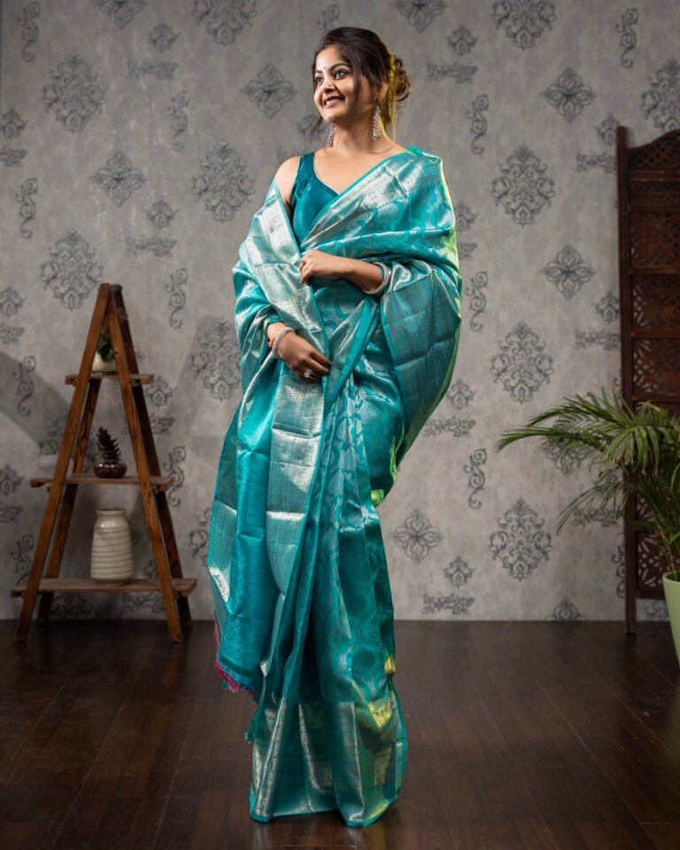 Kanchivaram Pure Brocade Silk Saree - Blue Copper Sulphate with Silver zari
