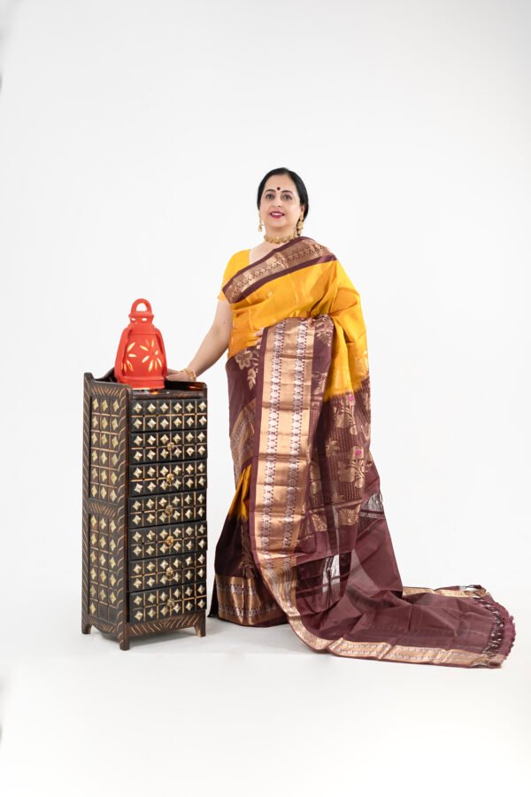 Kanchivaram Silk - chocolate and golden mustard