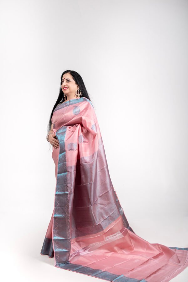 Kanchivaram Silk - Onion pink with blue thread