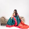 Kanchivaram Silk - Peacock Green with Red - Image 2