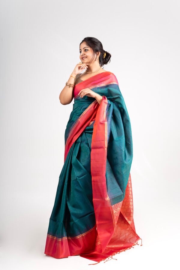 Kanchivaram Silk - Peacock Green with Red