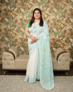 Chikankari Saree (White & Sky Blue)