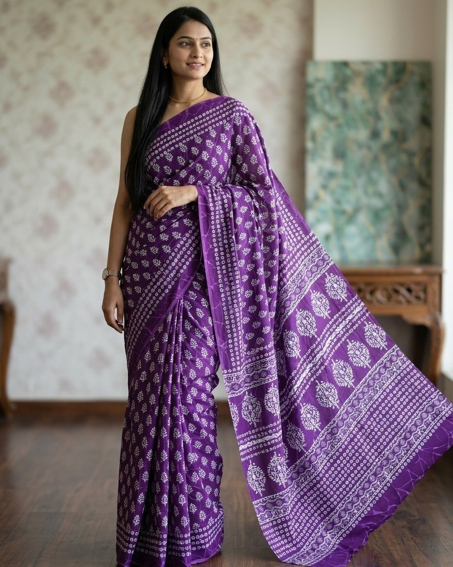 royal violet mulmul cotton printed saree