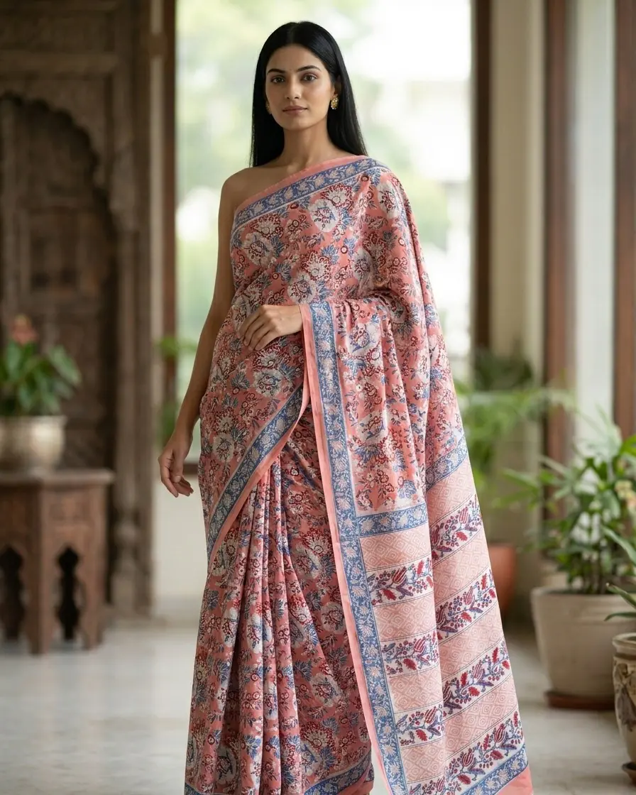 blush heritage cotton block print saree