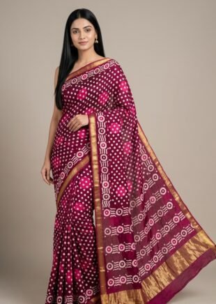 wine blossom hand block cotton saree