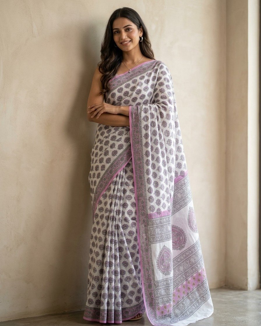 ivory bloom cotton block print saree
