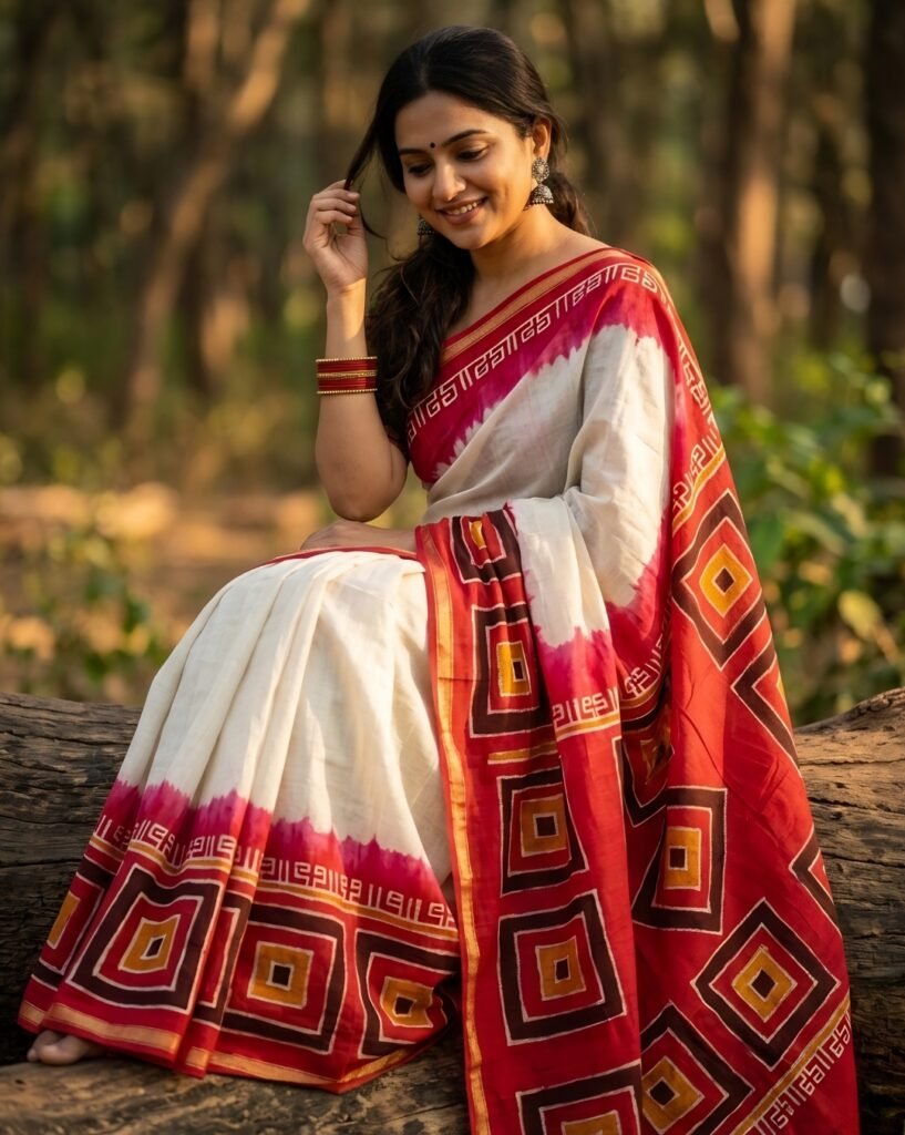 rust radiance hand block cotton saree