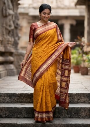 sunlit mustard batik maheshwari saree