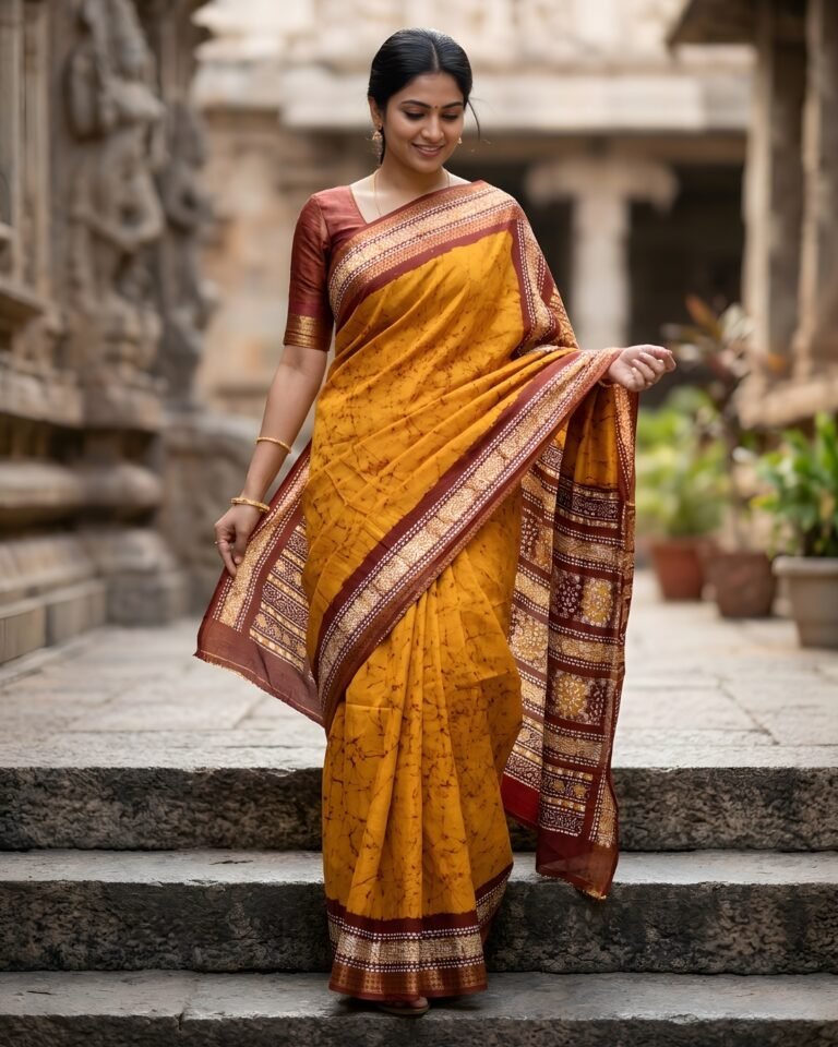 sunlit mustard batik maheshwari saree