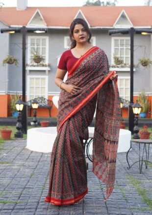 midnight chevron hand block cotton saree