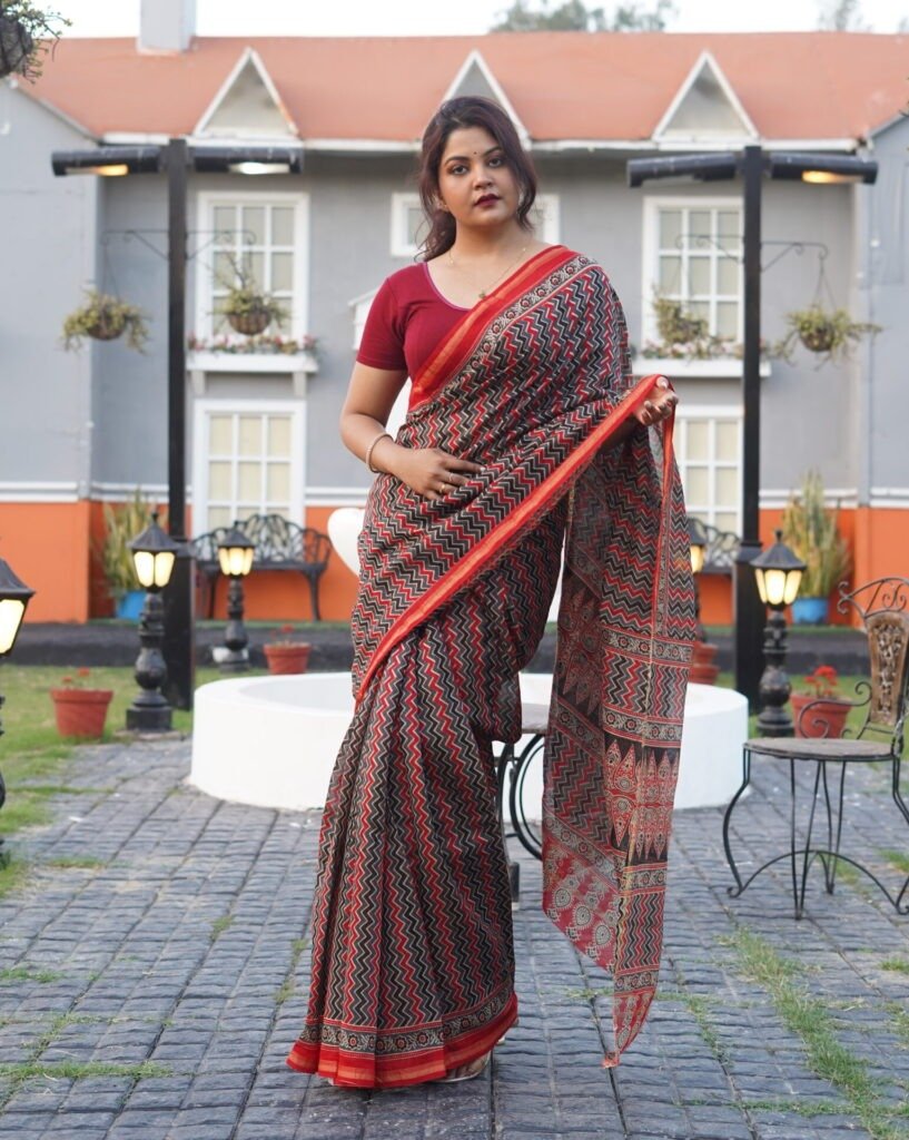 midnight chevron hand block cotton saree