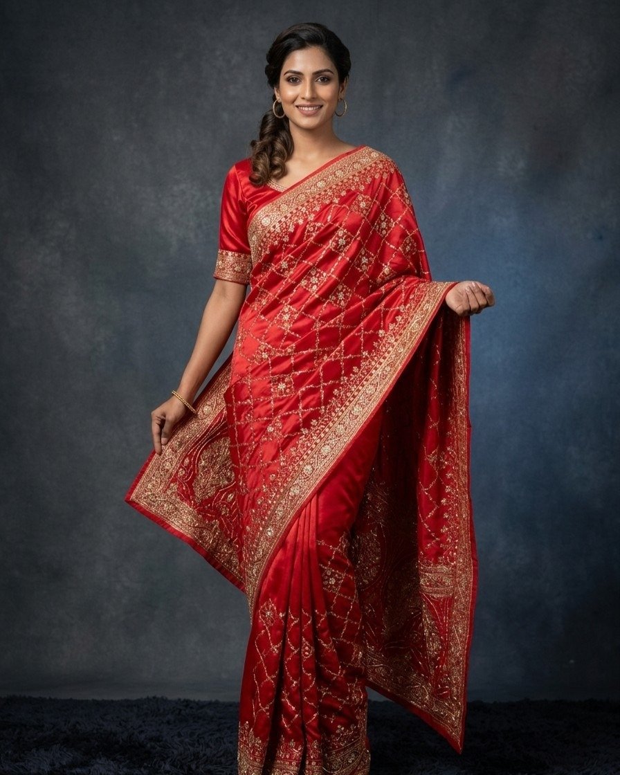 royal crimson katan banarasi zardozi saree