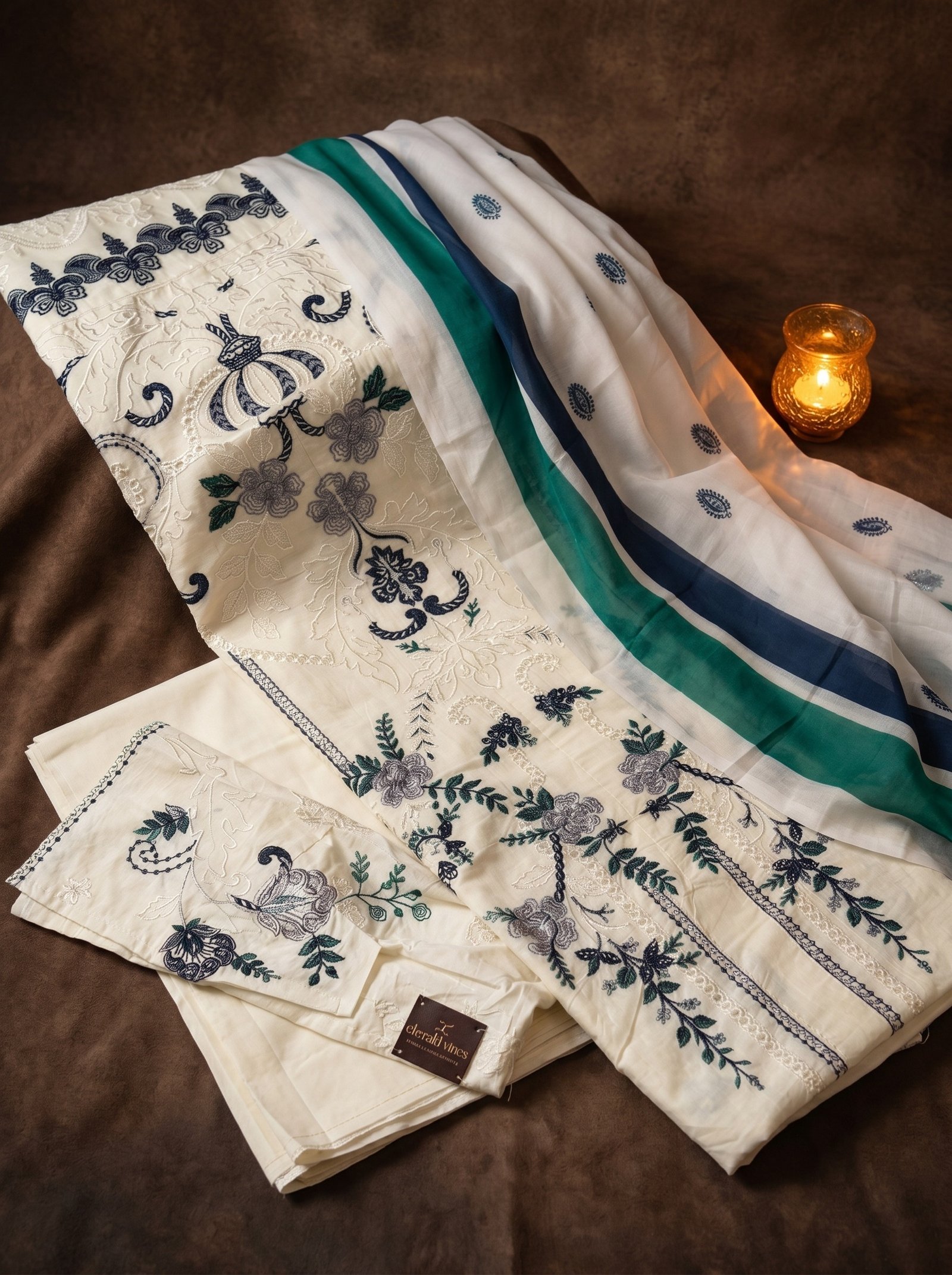ivory sapphire embroidered lawn suit set