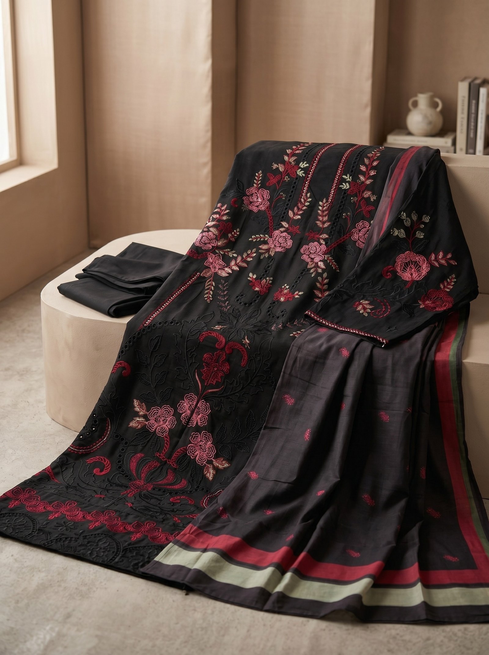 noir blossom embroidered lawn suit set
