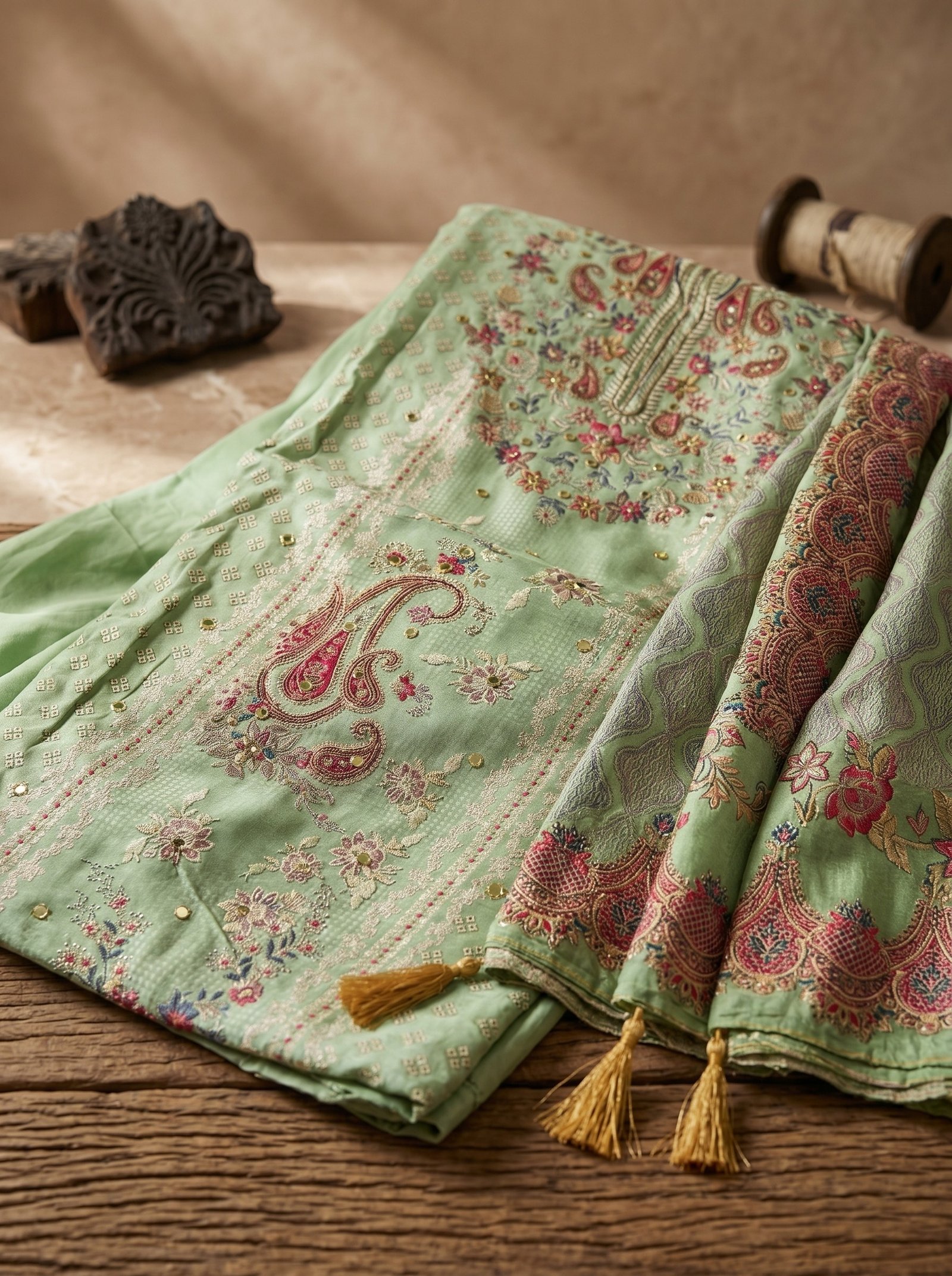 mint royale kashmiri embroidered suit set
